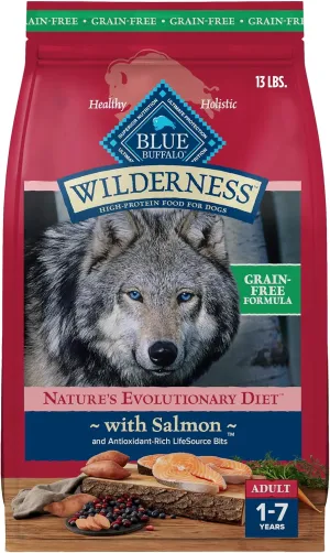 Blue Buffalo Wilderness Adult High-Protein Dry Dog Food with Real Salmon, Grain-Free, Made in The USA with Natural Ingredients, Salmon, 13-lb. Bag