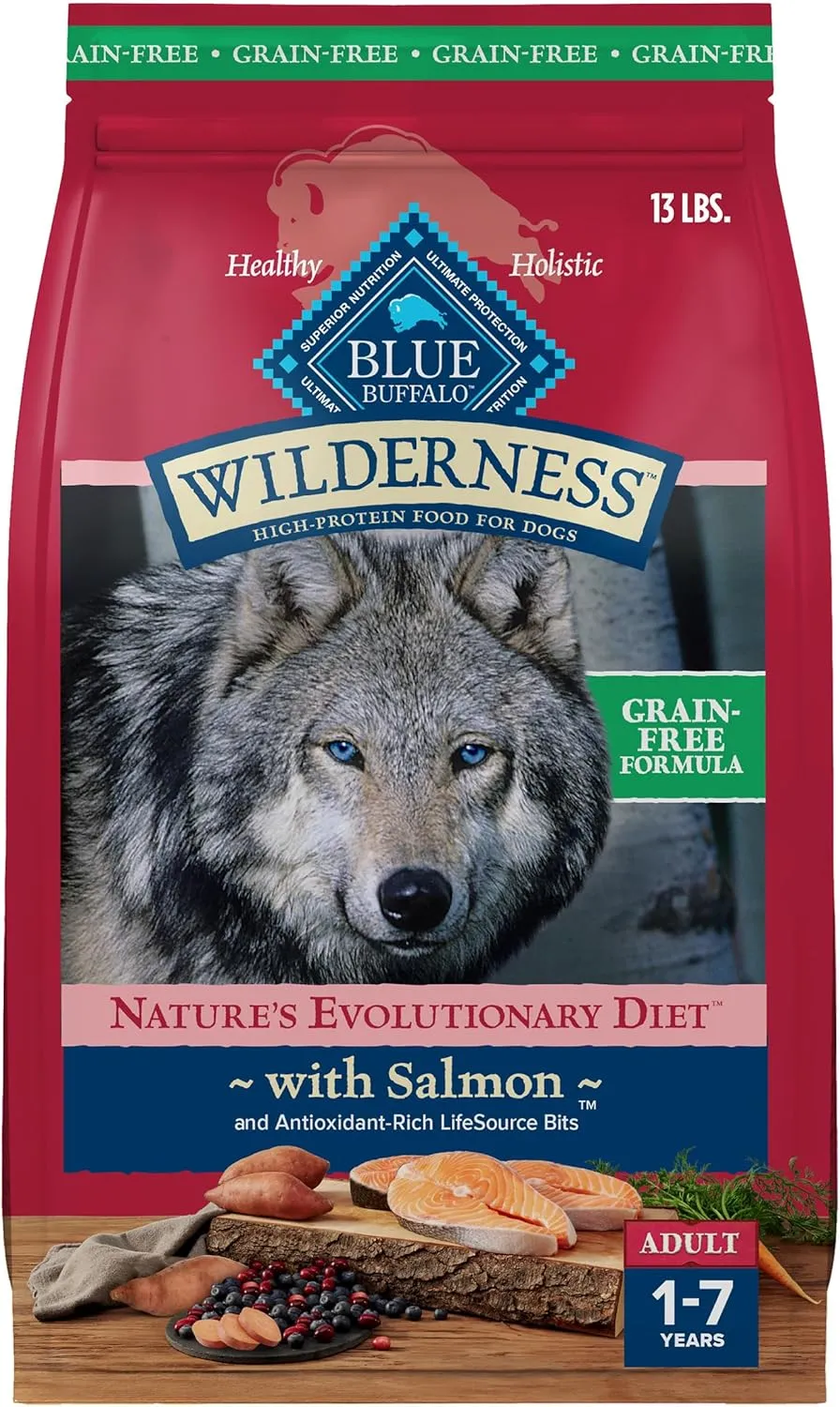 Blue Buffalo Wilderness Adult High-Protein Dry Dog Food with Real Salmon, Grain-Free, Made in The USA with Natural Ingredients, Salmon, 13-lb. Bag