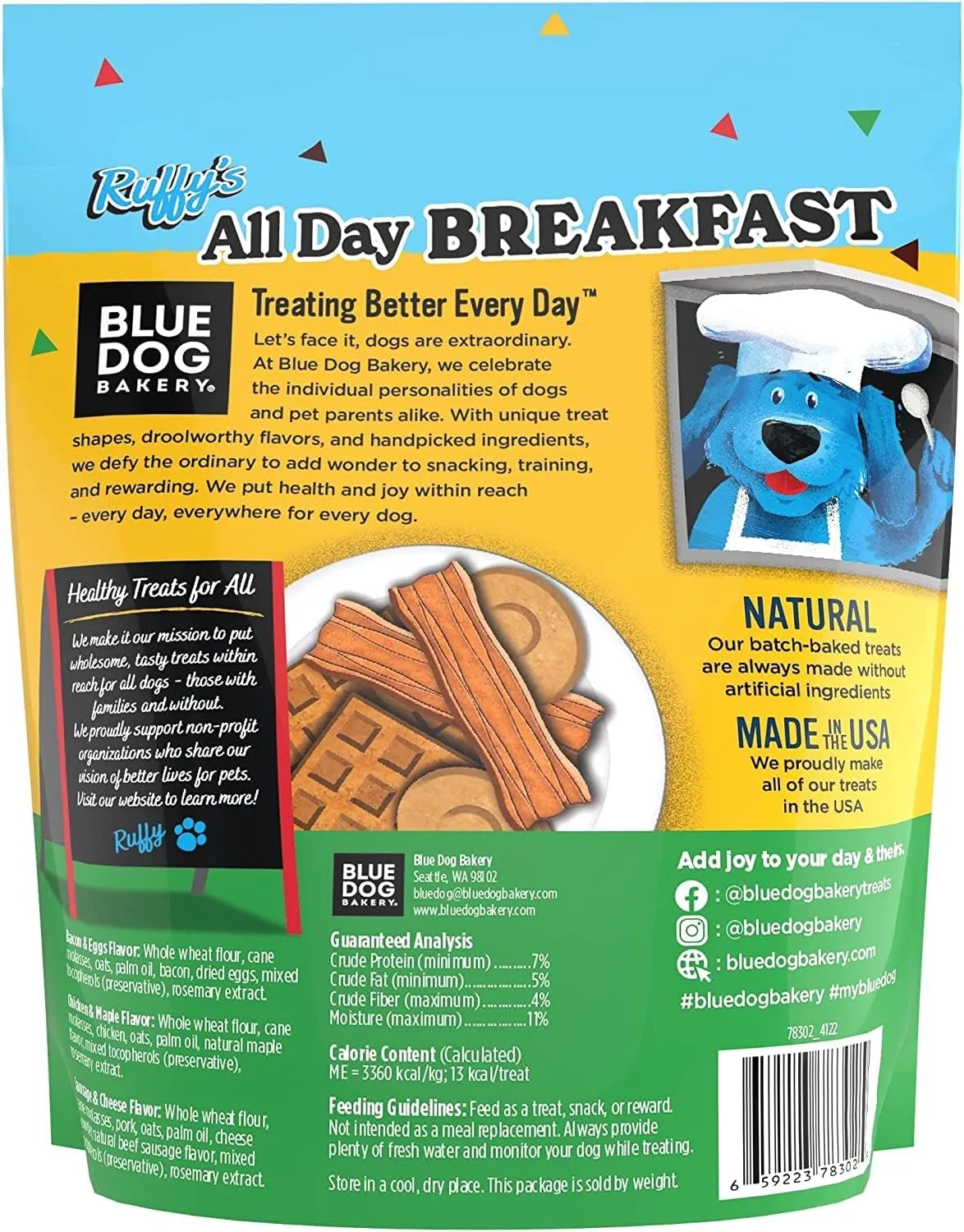 Blue Dog Bakery Natural, Ruffy's Food Truck All Day Breakfast Crunchy Dog Treats, Made in USA, (6) 16-Ounce Bag