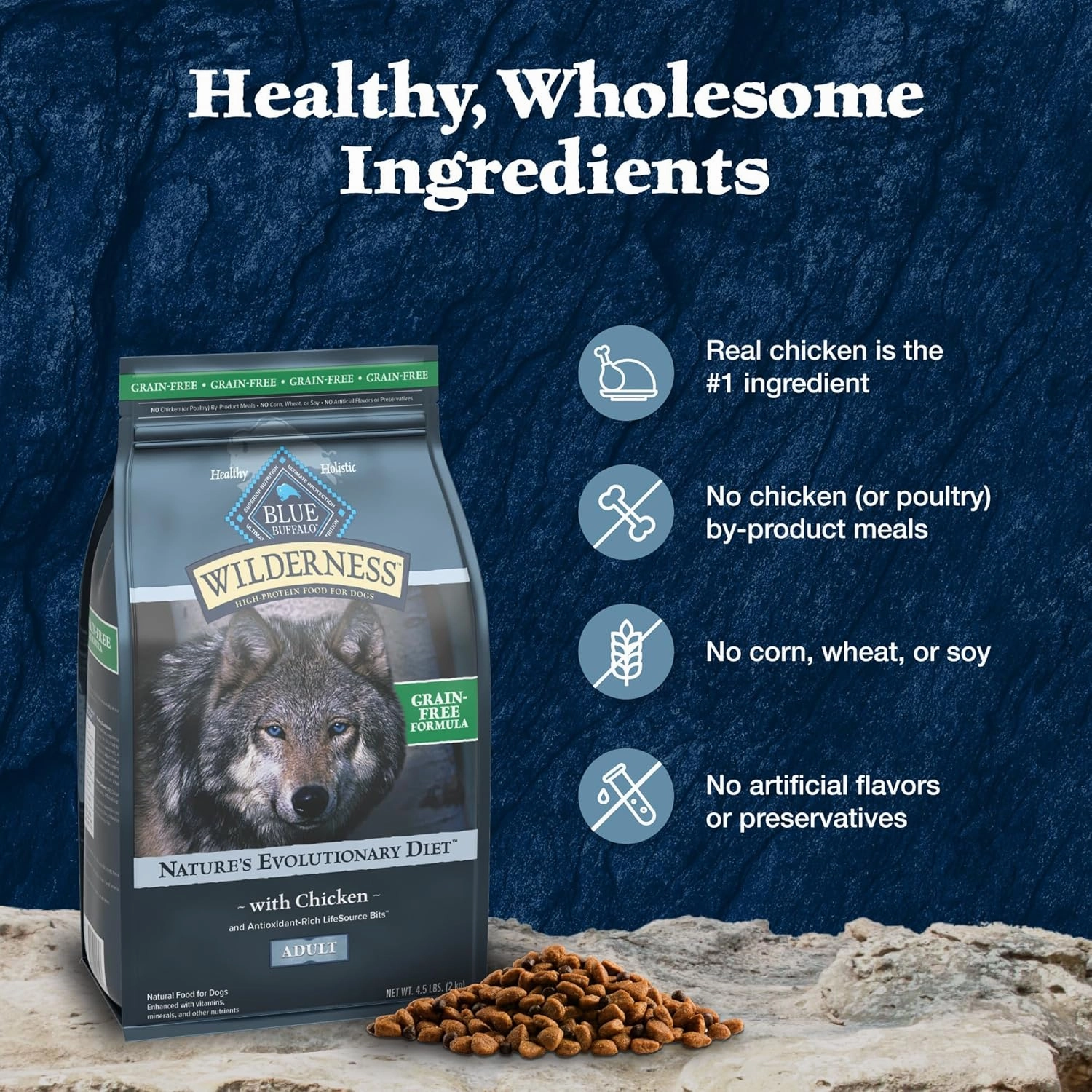 Blue Buffalo Wilderness Adult High-Protein Dry Dog Food with Real Chicken, Grain-Free, Made in the USA with Natural Ingredients, Chicken, 4.5-lb Bag
