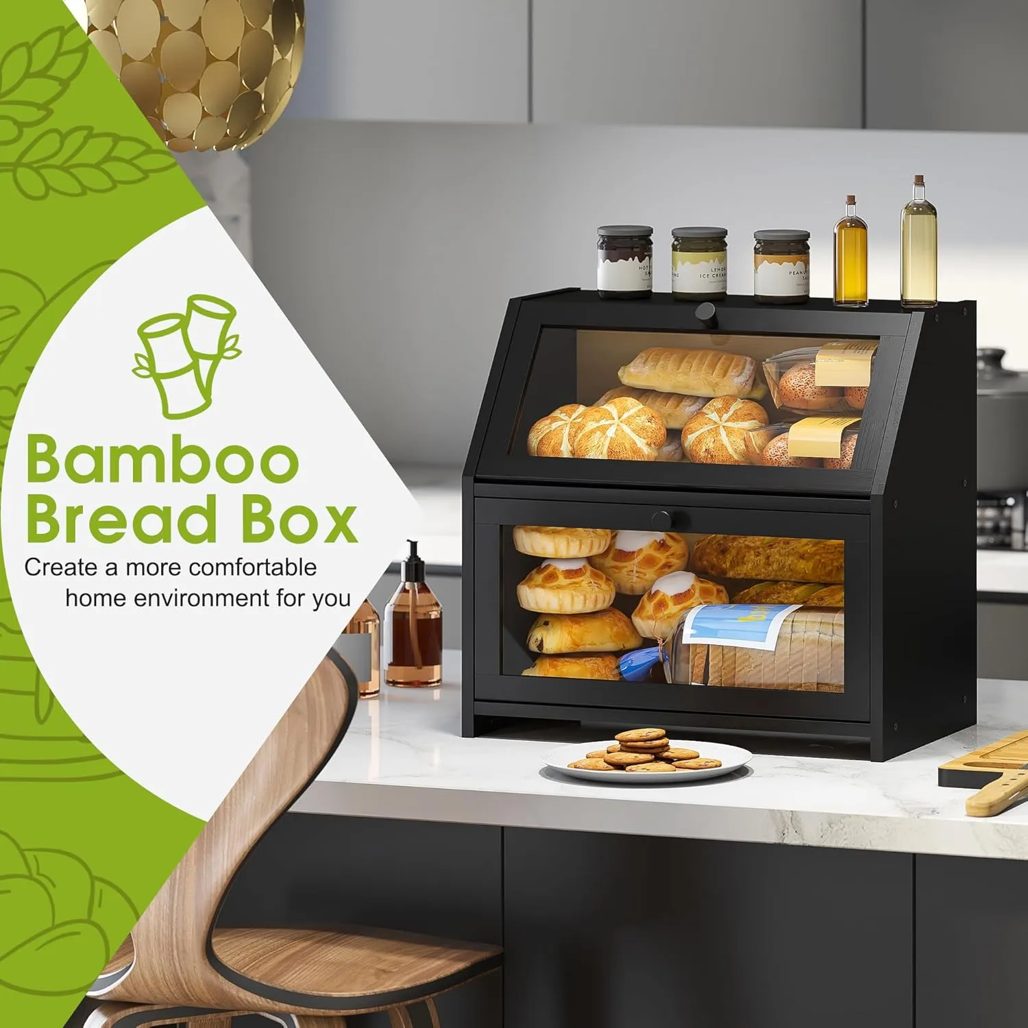 BMOSU Bamboo Wood Bread Box with Cutting Board - Farmhouse Countertop Storage Organizer (Black)