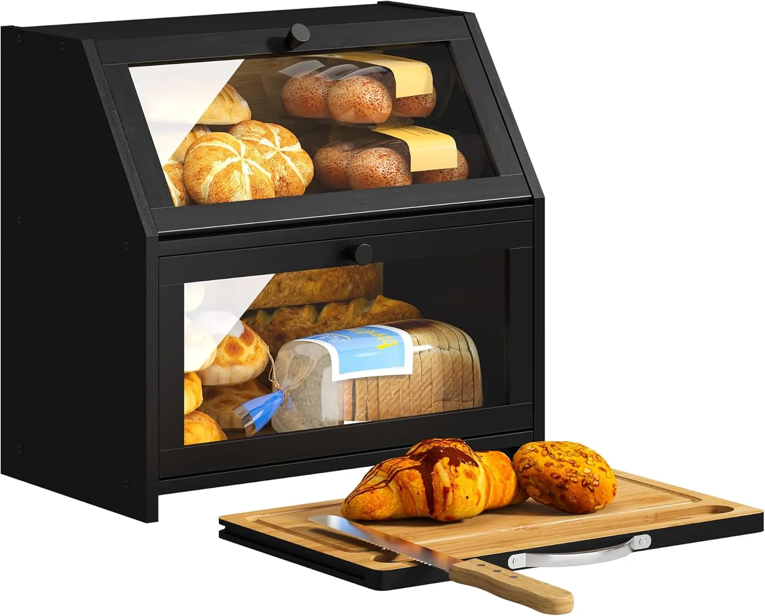 BMOSU Bamboo Wood Bread Box with Cutting Board - Farmhouse Countertop Storage Organizer (Black)