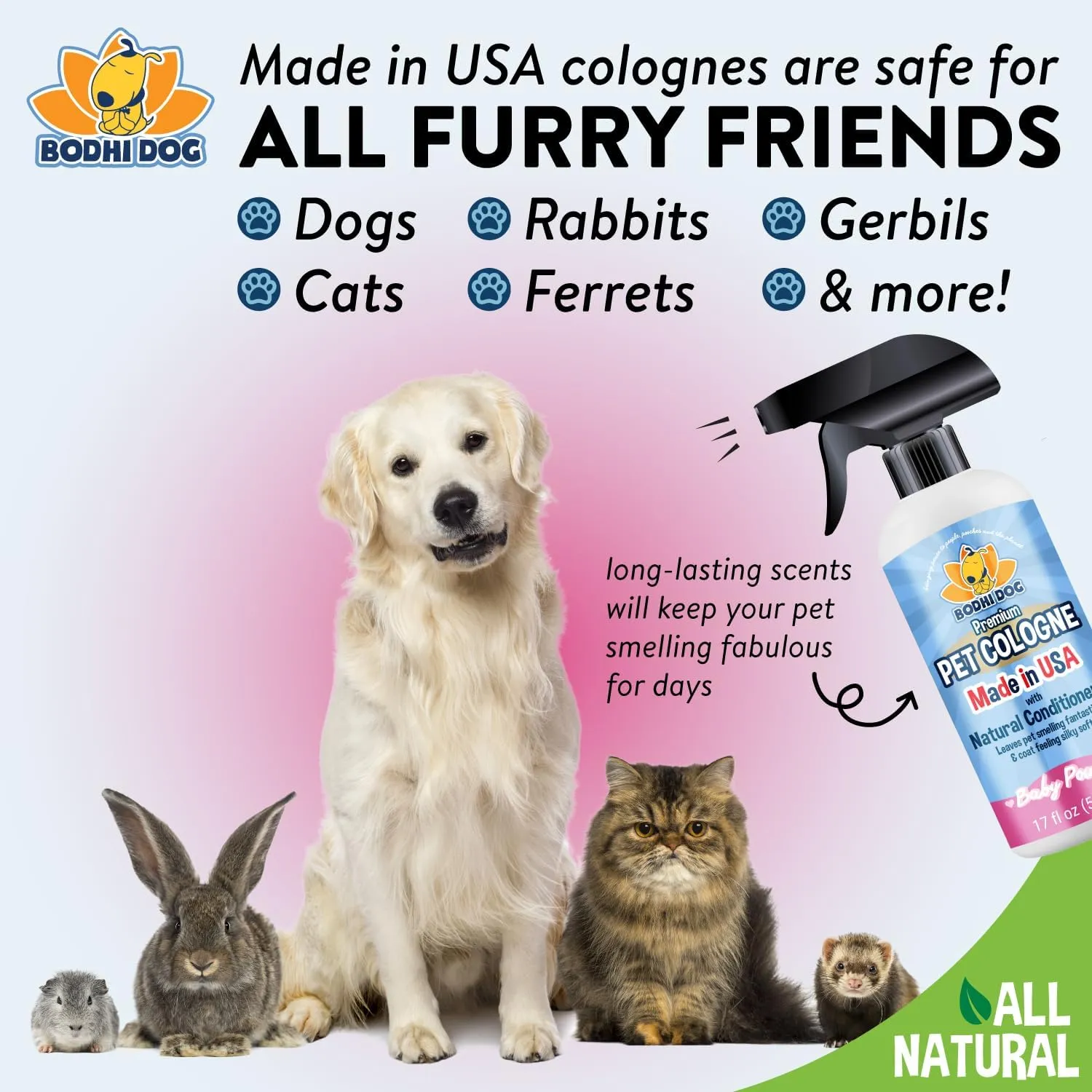 Bodhi Dog Natural Dog Cologne (Baby Powder) - Premium Scented Deodorizing Pet Perfume with Conditioner for Dogs & Cats - Keeps Pets Fresh & Clean - Gentle and Safe Formula, Made in USA (17 Fl Oz)