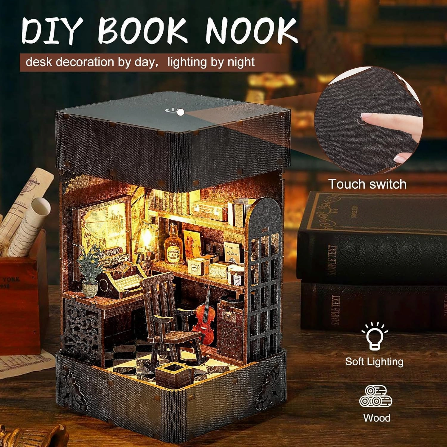 Book Nook Kit for Adults, DIY Miniature Booknook Kit with Led Light, 3D Wooden Bookshelf Puzzle Booknook Insert Decor Crafts for Adults Teen Gifts (Holmes Detective Agency)