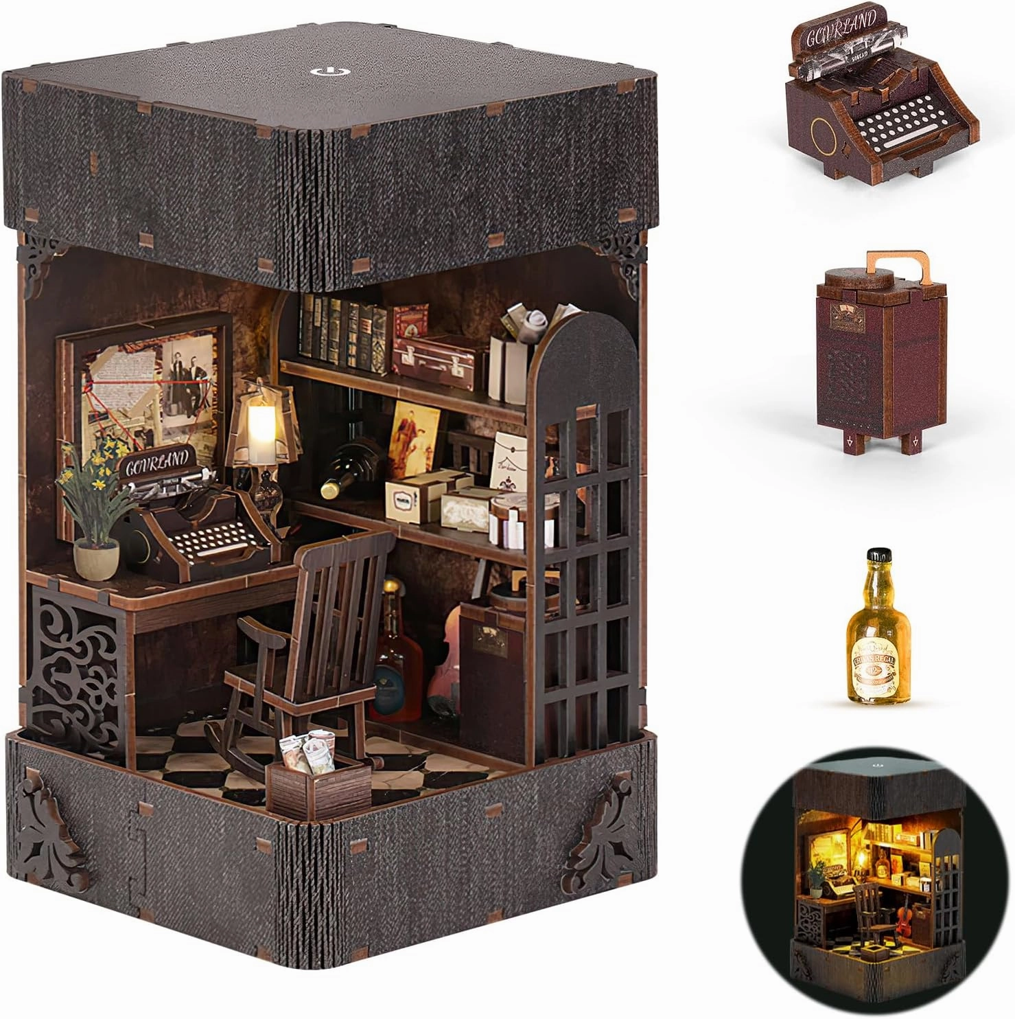 Book Nook Kit for Adults, DIY Miniature Booknook Kit with Led Light, 3D Wooden Bookshelf Puzzle Booknook Insert Decor Crafts for Adults Teen Gifts (Holmes Detective Agency)