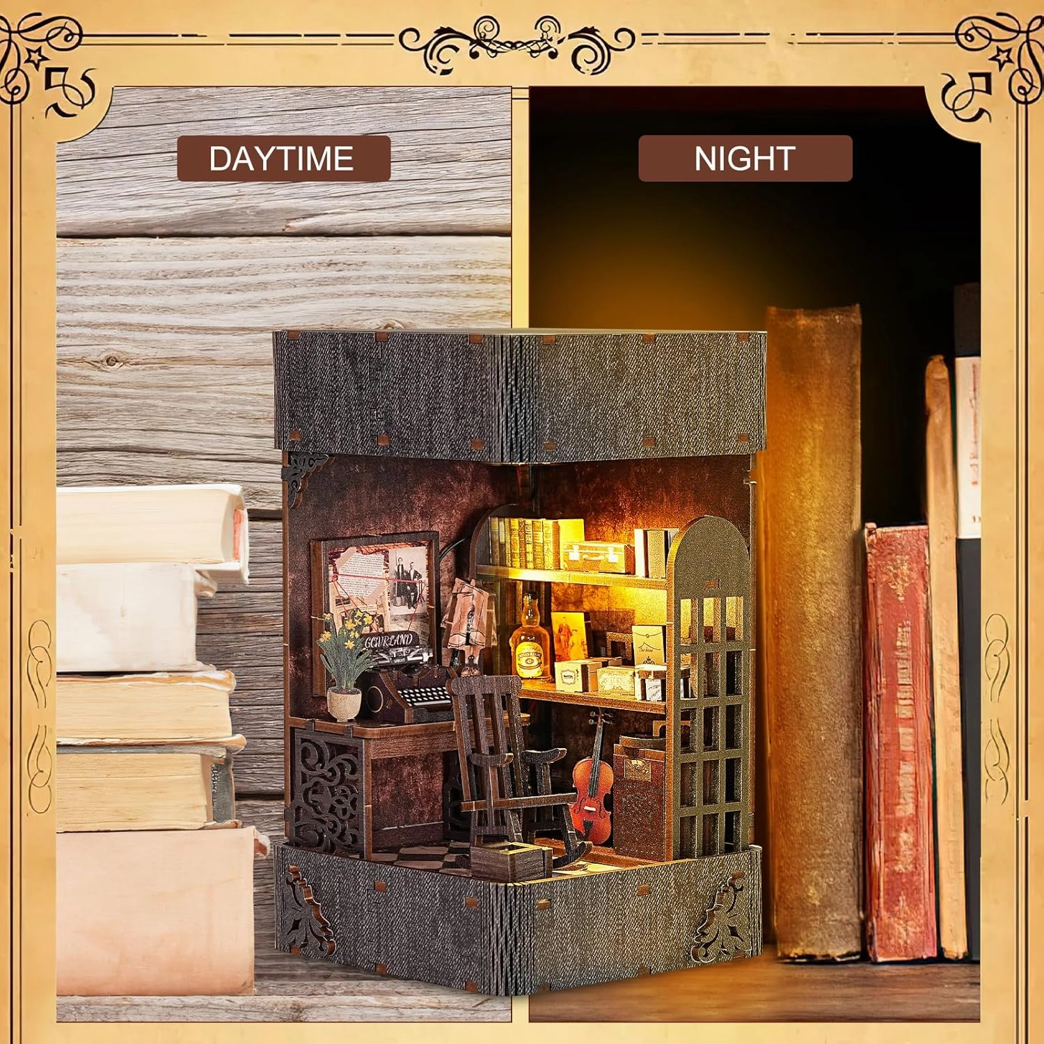 Book Nook Kit for Adults, DIY Miniature Booknook Kit with Led Light, 3D Wooden Bookshelf Puzzle Booknook Insert Decor Crafts for Adults Teen Gifts (Holmes Detective Agency)