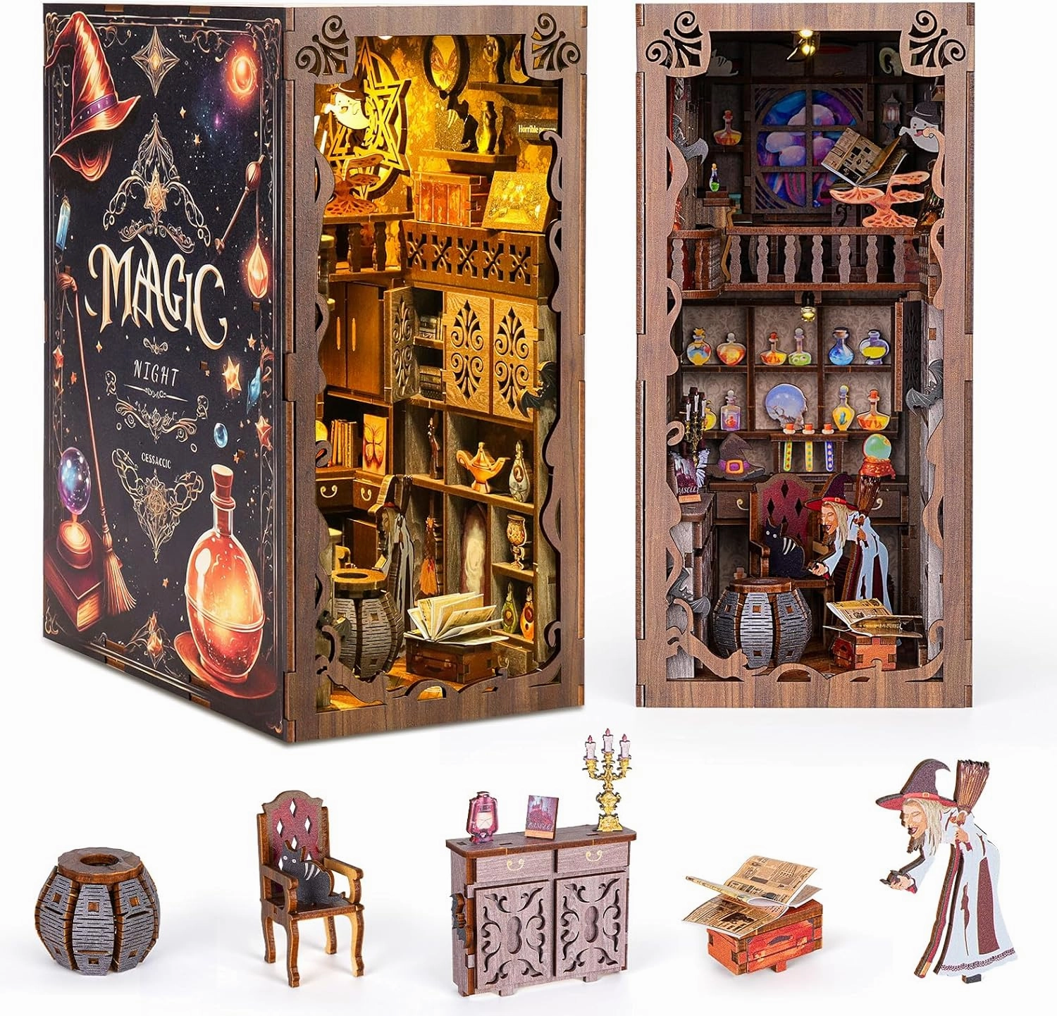 Book Nook Kit for Adults, DIY Miniature Booknook Kit with Led Light, 3D Wooden Bookshelf Puzzle Booknook Insert Decor Crafts for Adults Teen Gifts (Magic Night)