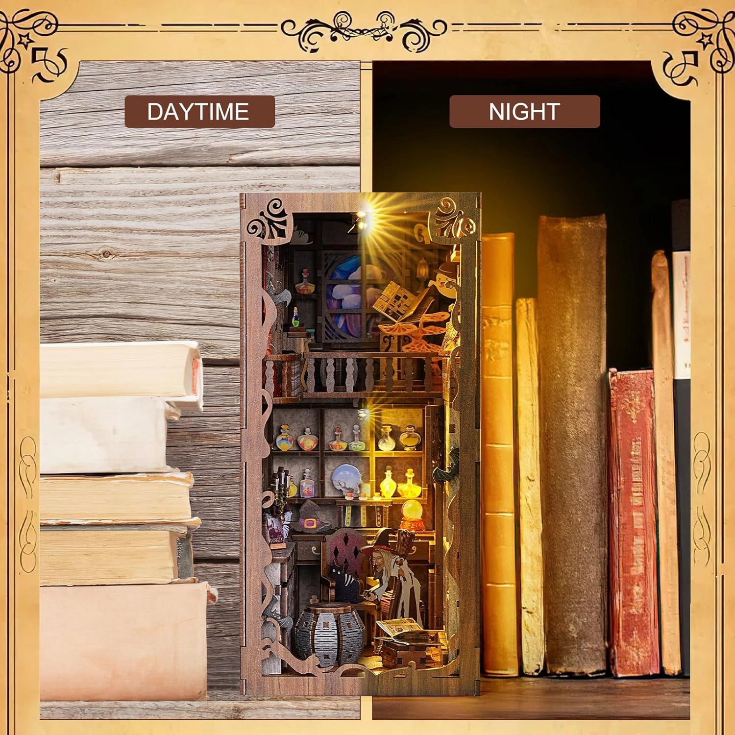 Book Nook Kit for Adults, DIY Miniature Booknook Kit with Led Light, 3D Wooden Bookshelf Puzzle Booknook Insert Decor Crafts for Adults Teen Gifts (Magic Night)