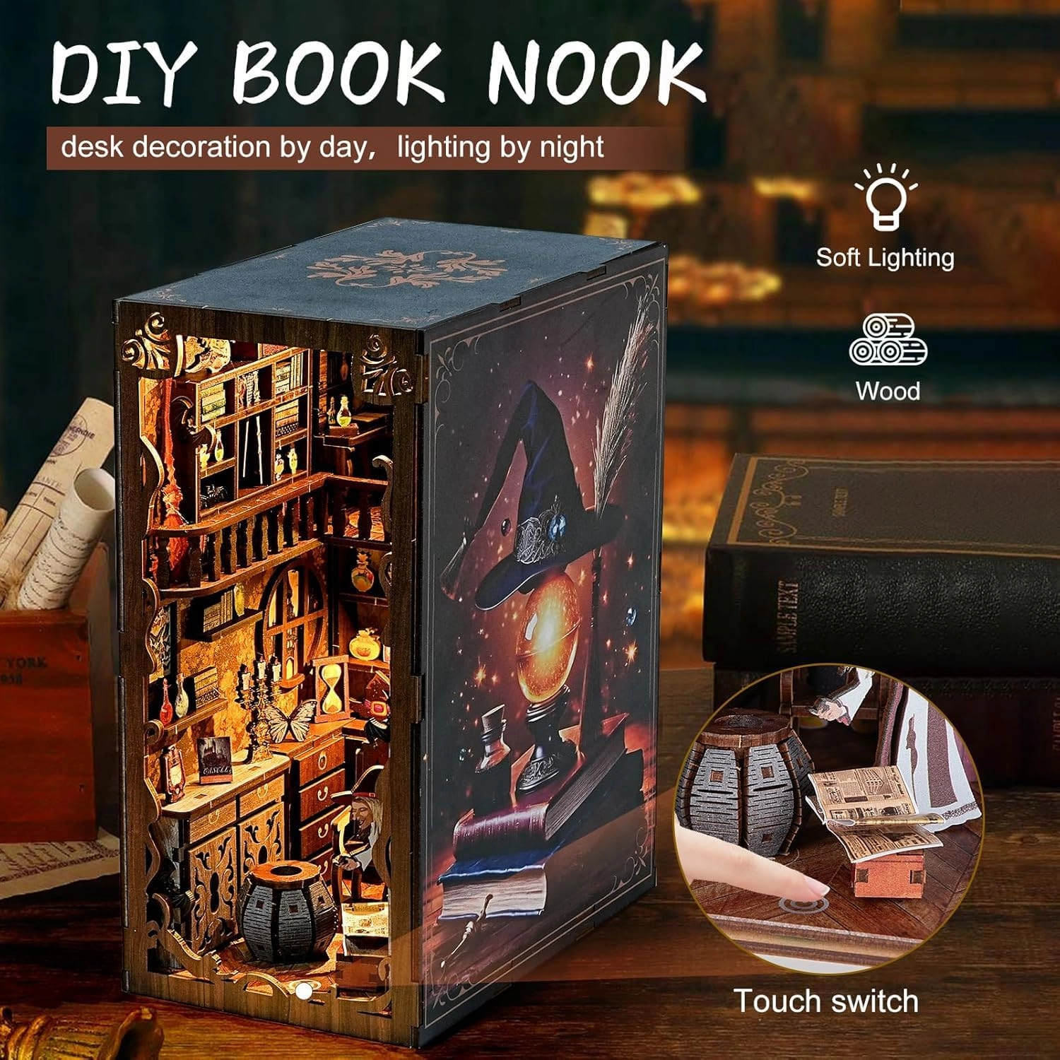 Book Nook Kit for Adults, DIY Miniature Booknook Kit with Led Light, 3D Wooden Bookshelf Puzzle Booknook Insert Decor Crafts for Adults Teen Gifts (Magic Night)