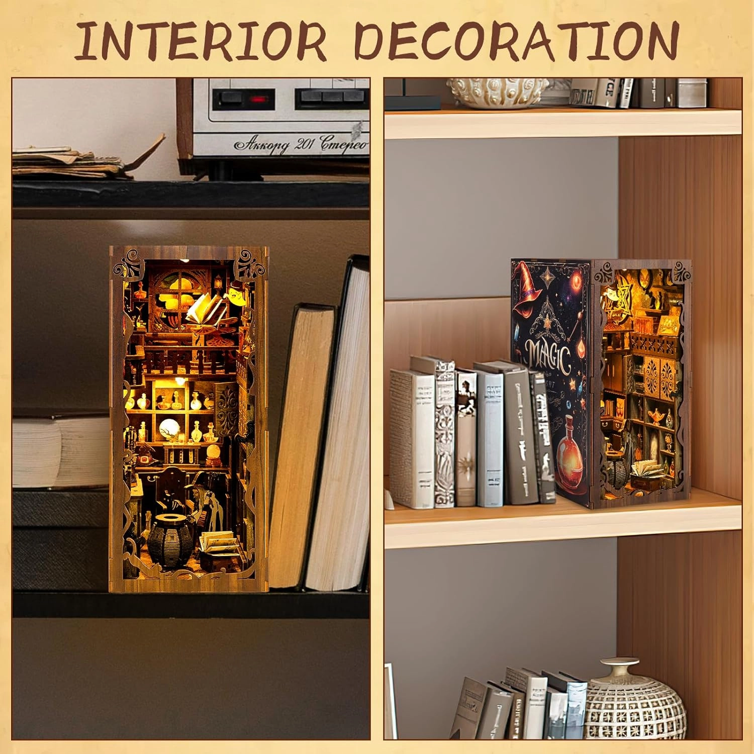 Book Nook Kit for Adults, DIY Miniature Booknook Kit with Led Light, 3D Wooden Bookshelf Puzzle Booknook Insert Decor Crafts for Adults Teen Gifts (Magic Night)