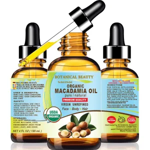Botanical Beauty Organic MACADAMIA OIL 100% Pure Natural VIRGIN UNREFINED Cold-Pressed Carrier Oil 4 Fl oz 120 ml for Face, Skin, Body, Hair, Lip, Nails. Rich in Vitamin E