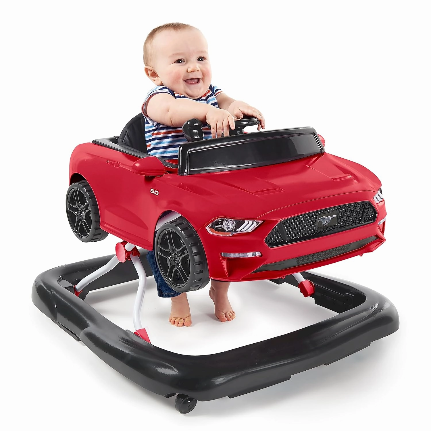 Bright Starts Ford Mustang 4-in-1 Red Baby Activity Center & Push Walker with Removable Interactive Steering Wheel -Toy, 6 Months and up