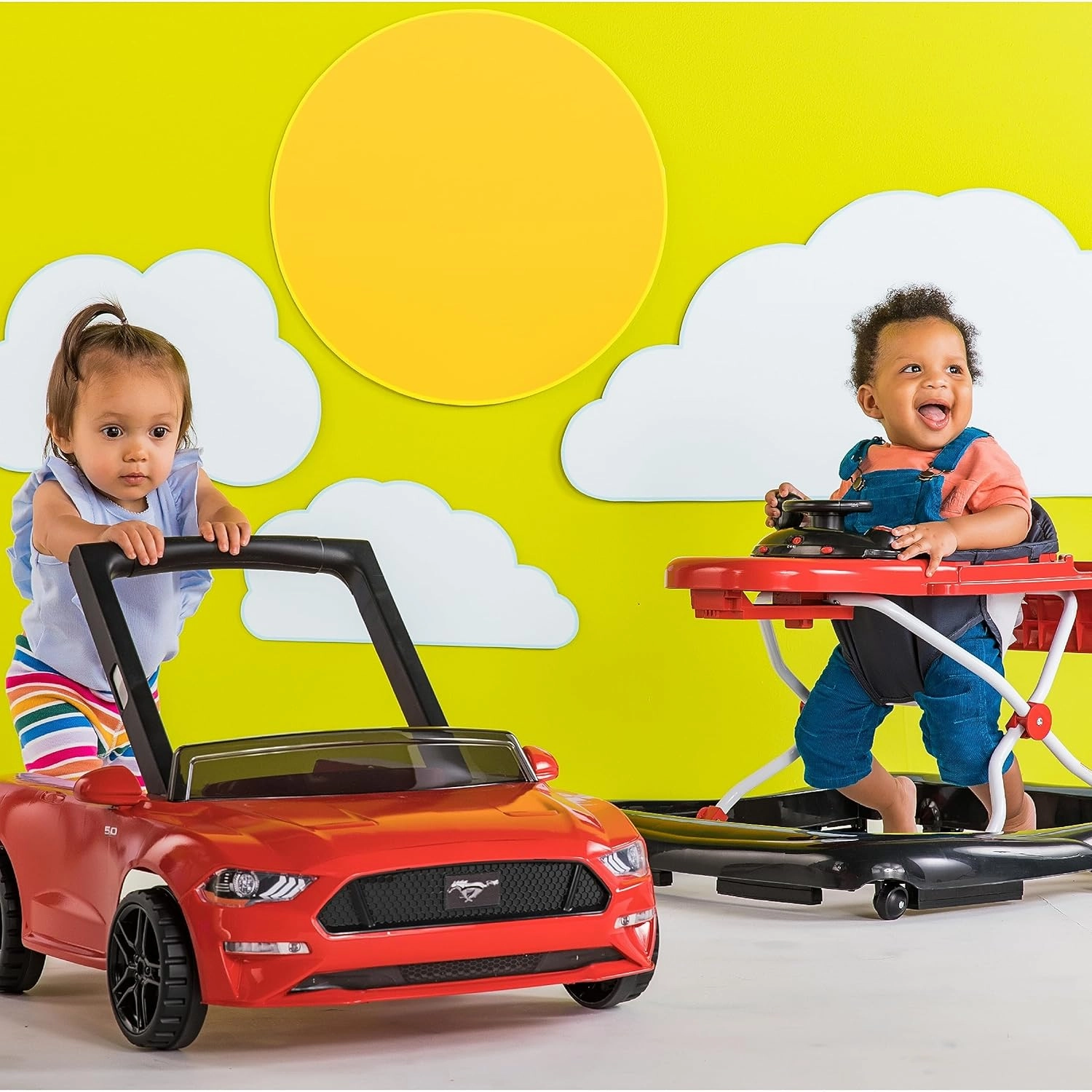 Bright Starts Ford Mustang 4-in-1 Red Baby Activity Center & Push Walker with Removable Interactive Steering Wheel -Toy, 6 Months and up