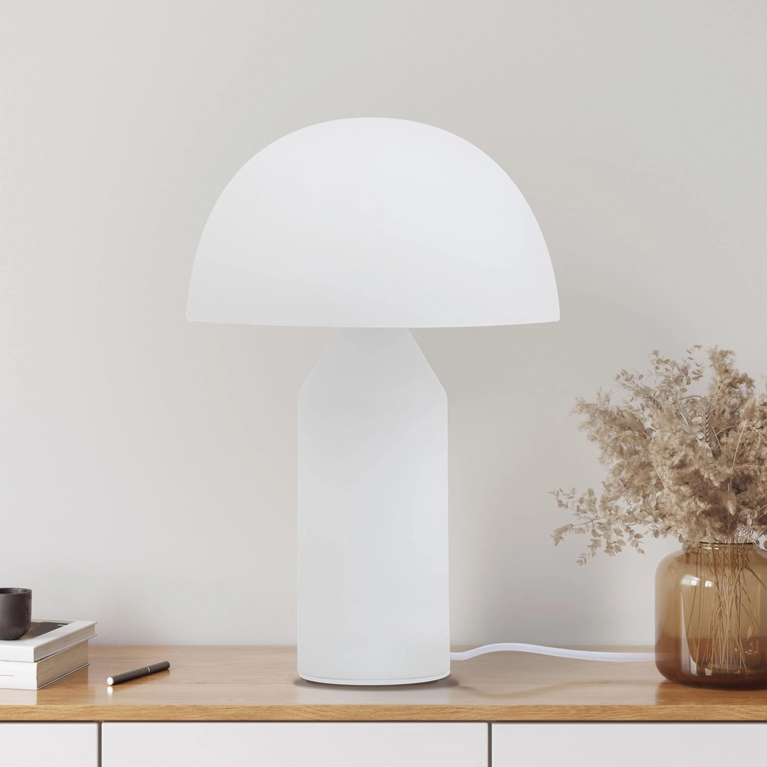 Brightech Venus Glass - Contemporary Table Lamp with Glass Shade and Body - Unique Mushroom Table Lamp - Dimmable LED Light Bulbs for Bedroom Reading, Great Décor for Living Rooms, Offices
