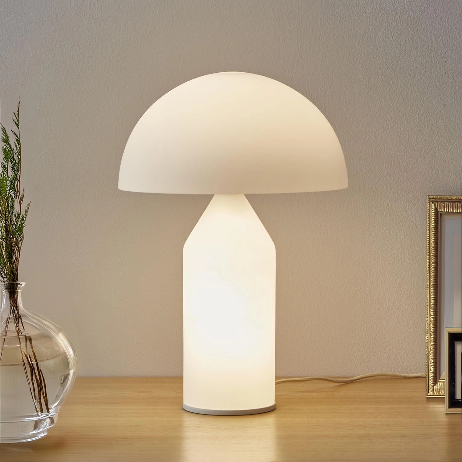 Brightech Venus Glass - Contemporary Table Lamp with Glass Shade and Body - Unique Mushroom Table Lamp - Dimmable LED Light Bulbs for Bedroom Reading, Great Décor for Living Rooms, Offices