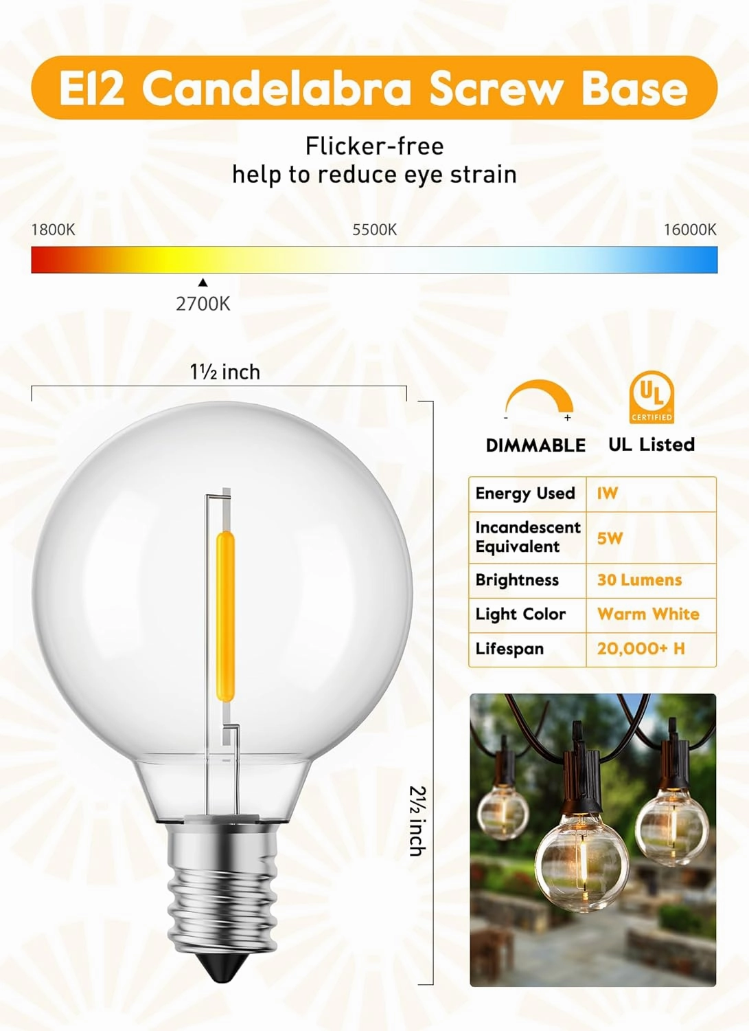 Brightown G40 Led Replacement Light Bulbs, 1W Shatterproof Globe Plastic Bulb Fits E12 or C7 Candelabra Screw Base, 1.5 Inch Dimmable Light Bulbs for Indoor Outdoor Patio Decor, Warm White, 50 Pack