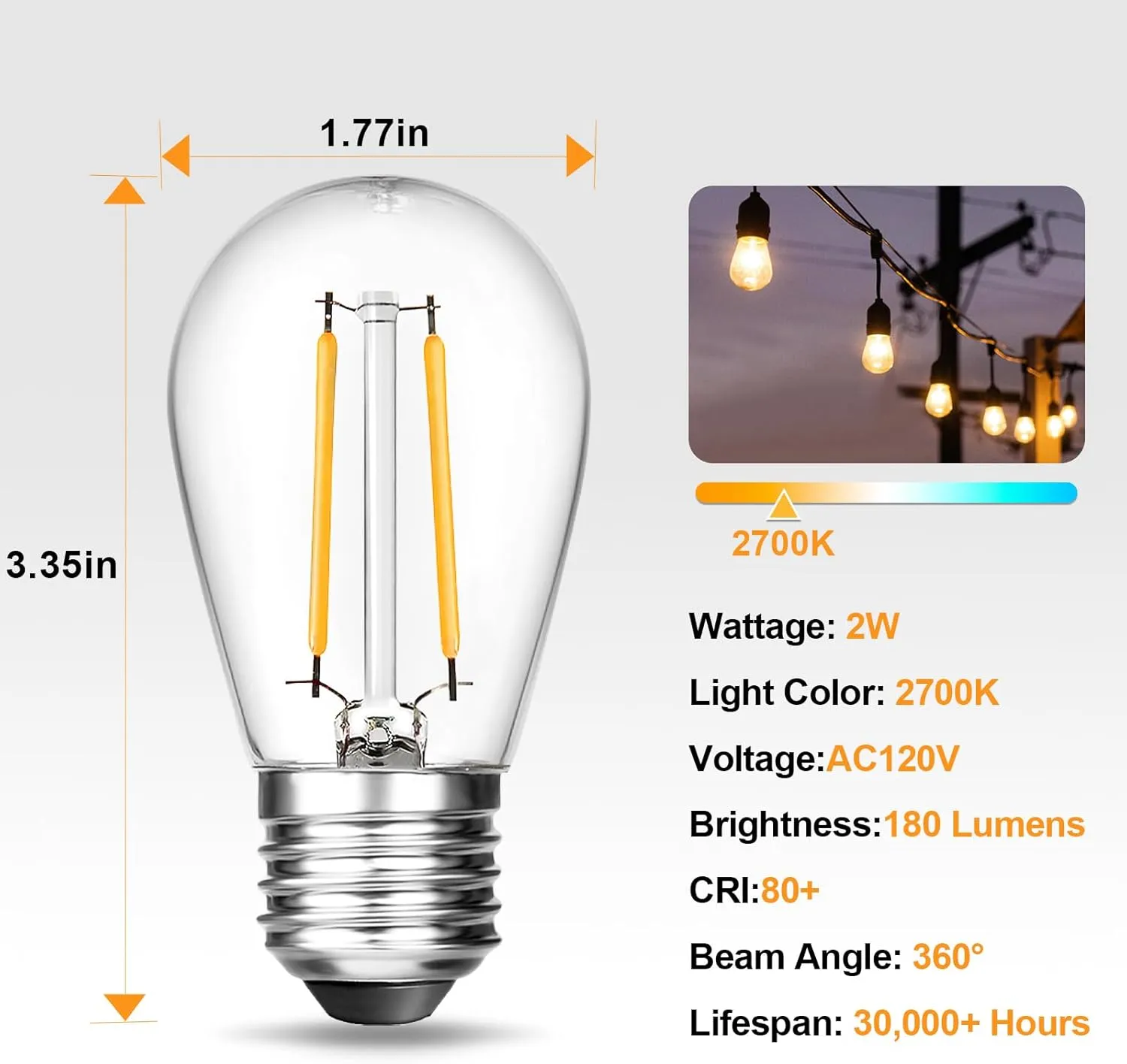 BRIMAX 25 Pack S14 Replacement LED Bulbs,2W Outdoor String Light Bulbs Shatterproof,E26 Medium Base,2700K Warm White,Plastic Edison Bulbs for Patio Garden