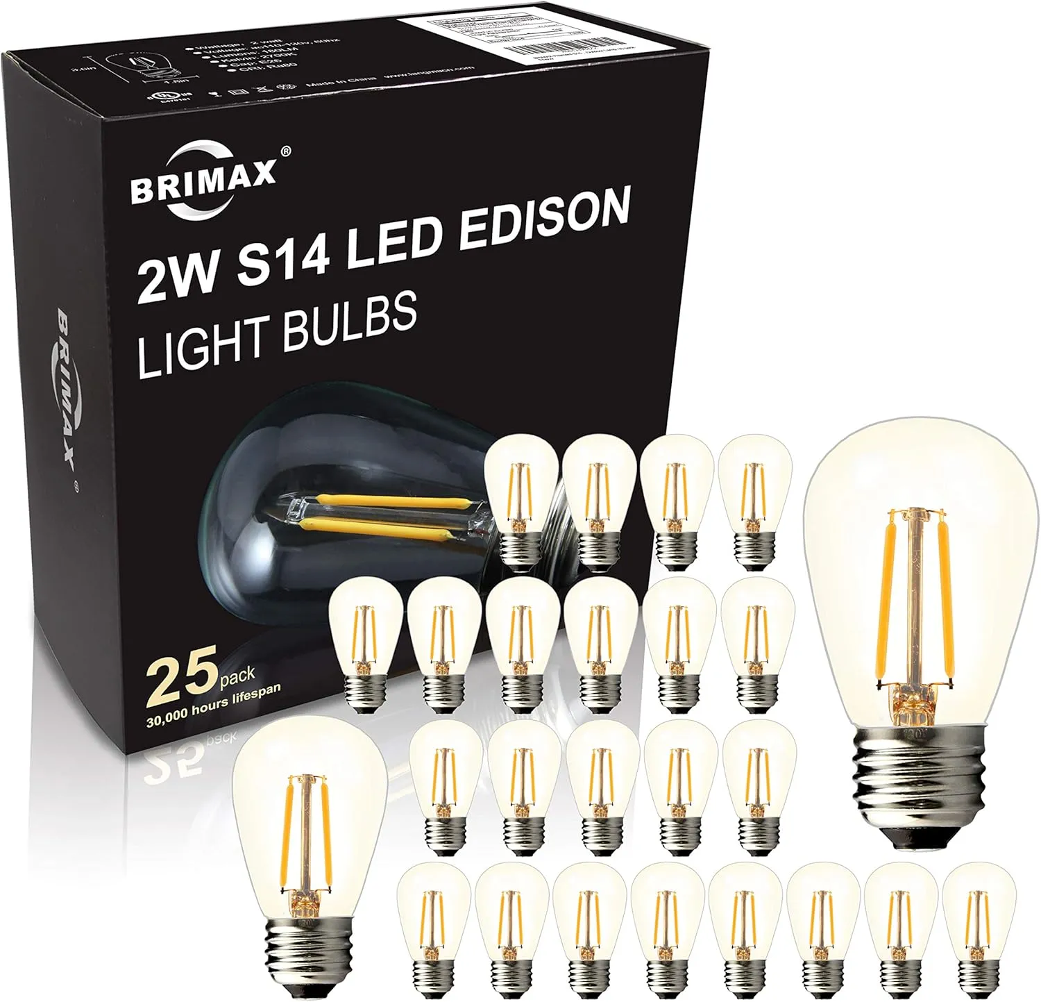BRIMAX 25 Pack S14 Replacement LED Bulbs,2W Outdoor String Light Bulbs Shatterproof,E26 Medium Base,2700K Warm White,Plastic Edison Bulbs for Patio Garden