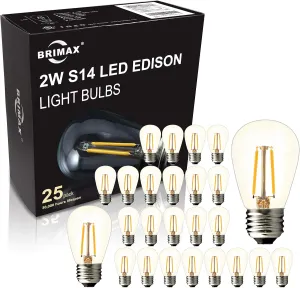BRIMAX 25 Pack S14 Replacement LED Bulbs,2W Outdoor String Light Bulbs Shatterproof,E26 Medium Base,2700K Warm White,Plastic Edison Bulbs for Patio Garden