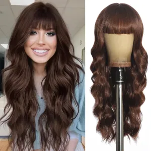 Brown Wig with Bangs Long Curly Wig for Women long Chocolate Brown Wavy Wigs skin-friendly synthetic fibersc for festival holiday Use 26IN