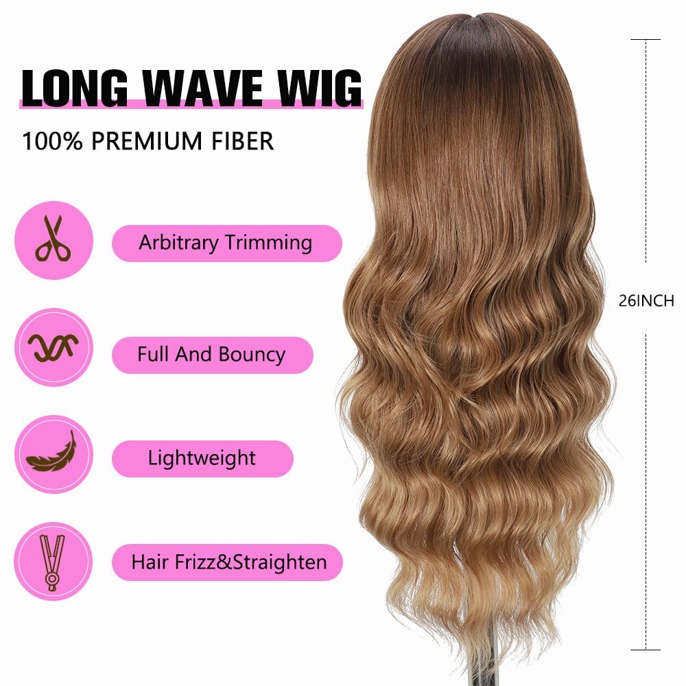 Brown Wigs with Bangs Long curly wavy Wig Brown mixed Honey Blonde Wig for Women Natural Synthetic Wigs for Daily Party Use 26IN(Brown mixed Honey Blonde)