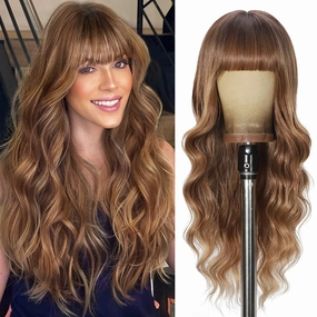 Brown Wigs with Bangs Long curly wavy Wig Brown mixed Honey Blonde Wig for Women Natural Synthetic Wigs for Daily Party Use 26IN(Brown mixed Honey Blonde)