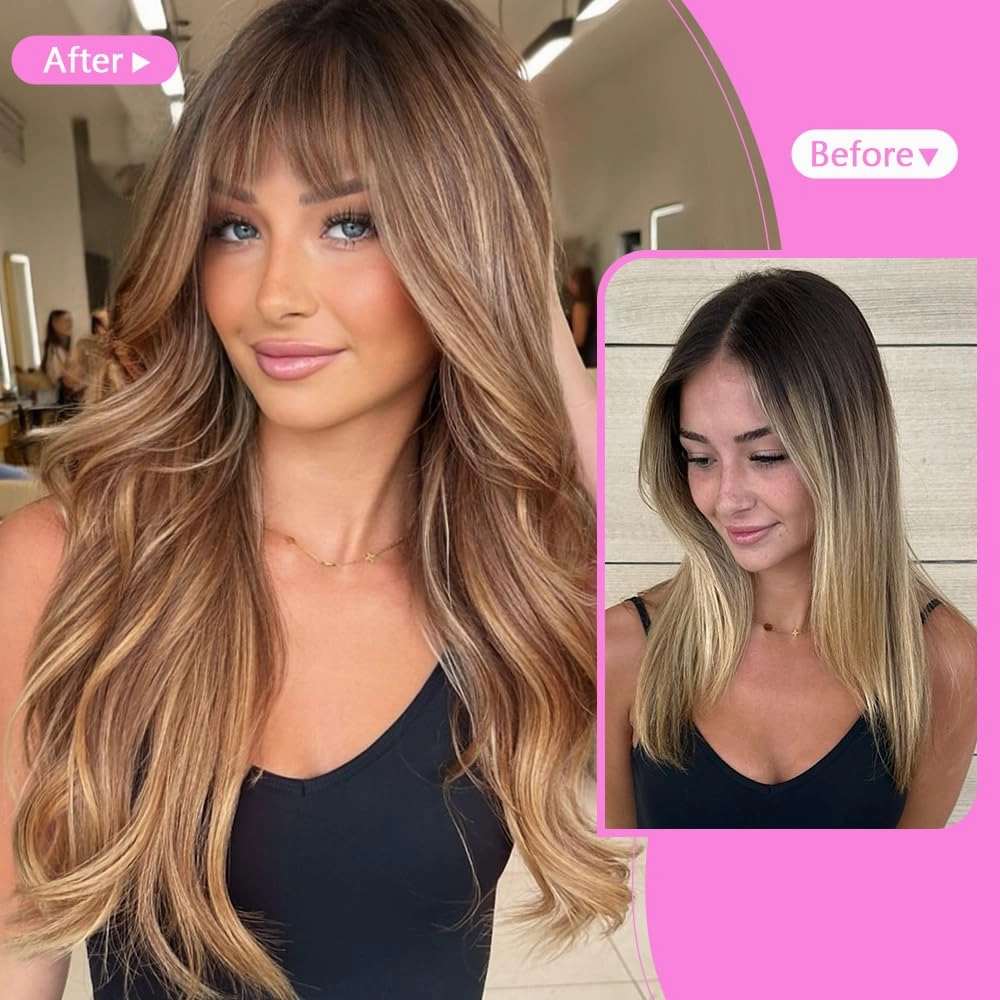 Brown Wigs with Bangs Long curly wavy Wig Brown mixed Honey Blonde Wig for Women Natural Synthetic Wigs for Daily Party Use 26IN(Brown mixed Honey Blonde)