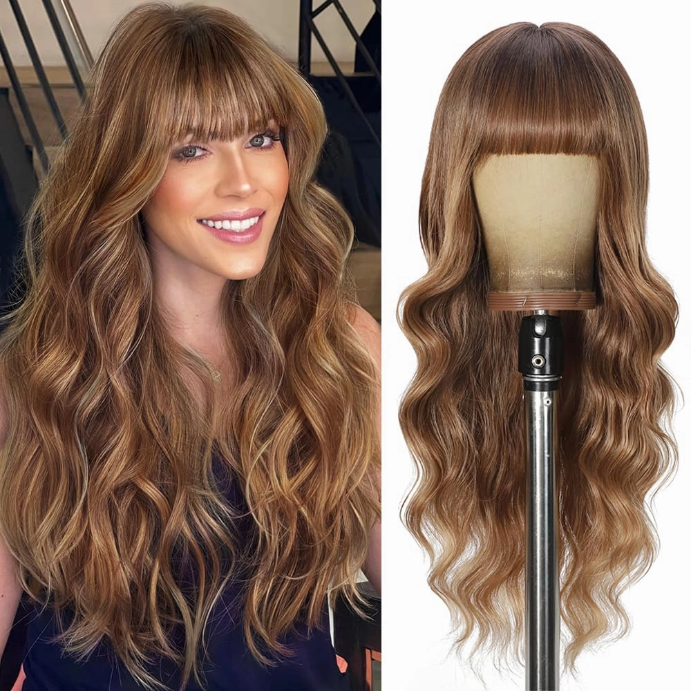 Brown Wigs with Bangs Long curly wavy Wig Brown mixed Honey Blonde Wig for Women Natural Synthetic Wigs for Daily Party Use 26IN(Brown mixed Honey Blonde)