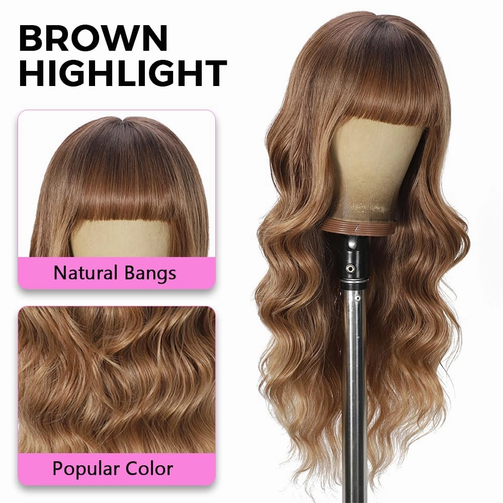 Brown Wigs with Bangs Long curly wavy Wig Brown mixed Honey Blonde Wig for Women Natural Synthetic Wigs for Daily Party Use 26IN(Brown mixed Honey Blonde)