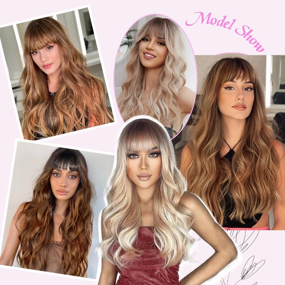 Brown Wigs with Bangs Long curly wavy Wig Brown mixed Honey Blonde Wig for Women Natural Synthetic Wigs for Daily Party Use 26IN(Brown mixed Honey Blonde)
