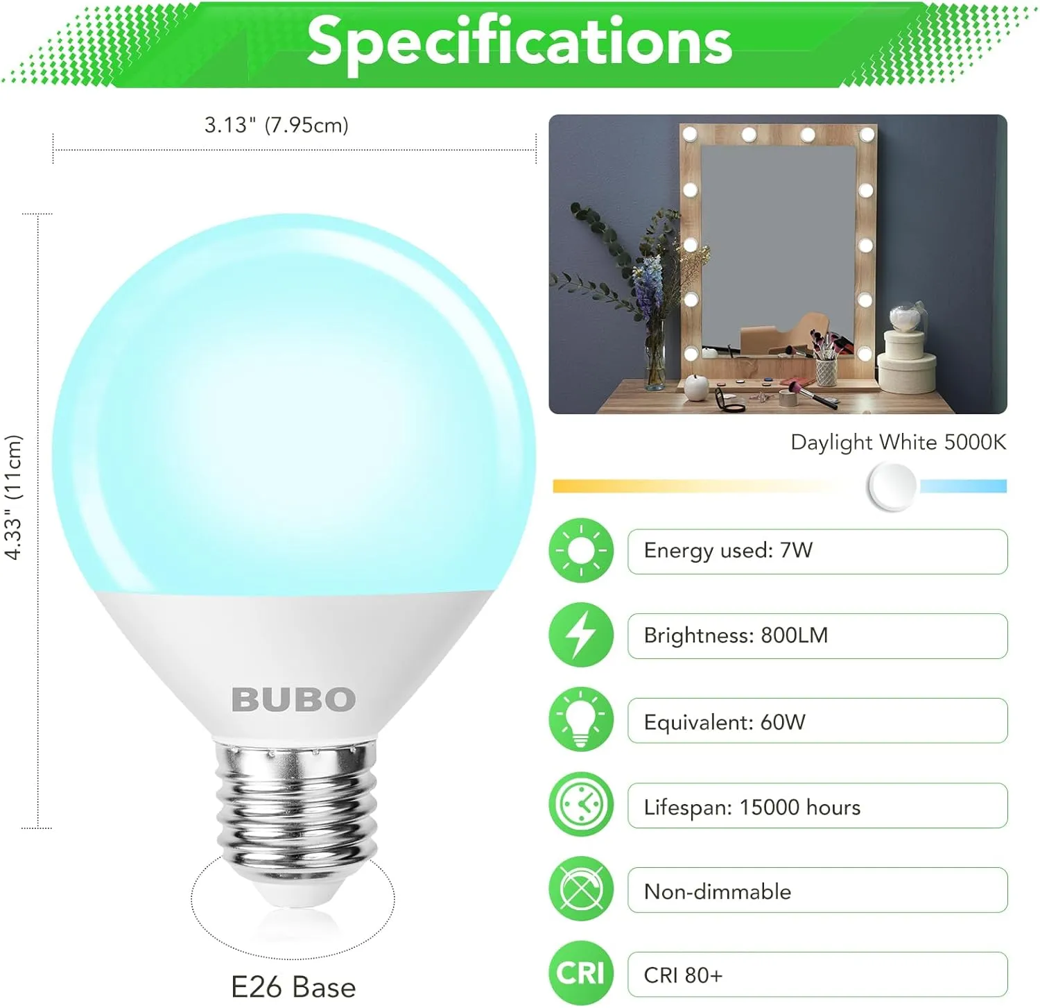 BUBO Vanity Light Bulbs 60 Watt Equivalent, Bathroom Light Bulb Daylight White 5000K, Round Globe Bulbs, G25 LED Bulbs 800 Lumens, E26 Medium Base, 7W, Non-Dimmable, 12 Pack