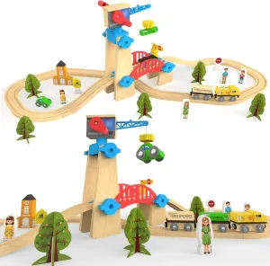 Build & Play 65 Pcs Figure 8 Lift & Load Wooden Train Set with Crane and Bridge Compatible with Thomas, Brio, Imaginarium, Melissa and Doug, IKEA