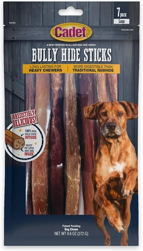 Cadet Bully Hide Sticks for Large Dogs, All-Natural Beef Pizzle, Limited-Ingredient Long-Lasting Dog Chews for Aggressive Chewers, 7 Count
