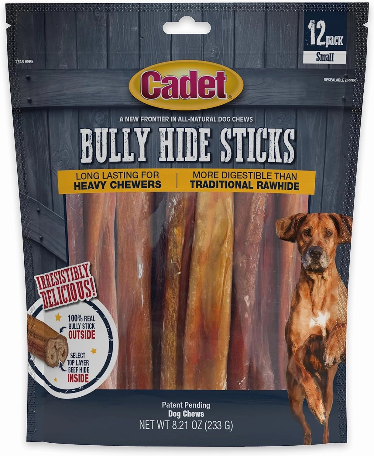 Cadet Bully Hide Sticks for Small Dogs, All-Natural Beef Pizzle, Limited-Ingredient Long-Lasting Dog Chews for Aggressive Chewers, 12 Count