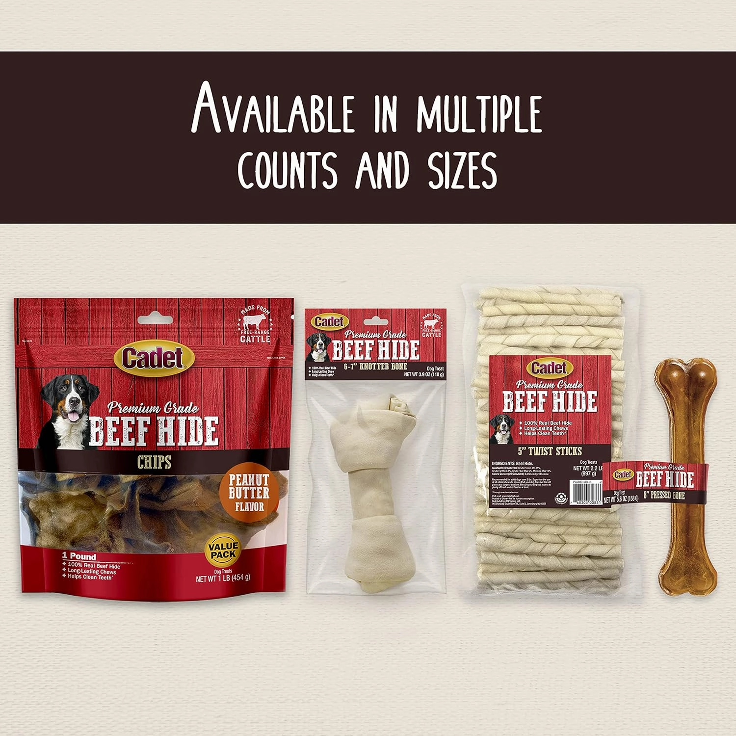 Cadet Premium Grade Beef Hide, Long-Lasting Rawhide Rolls, Single-Ingredient Dog Chews for Medium Breeds, 2 Pound