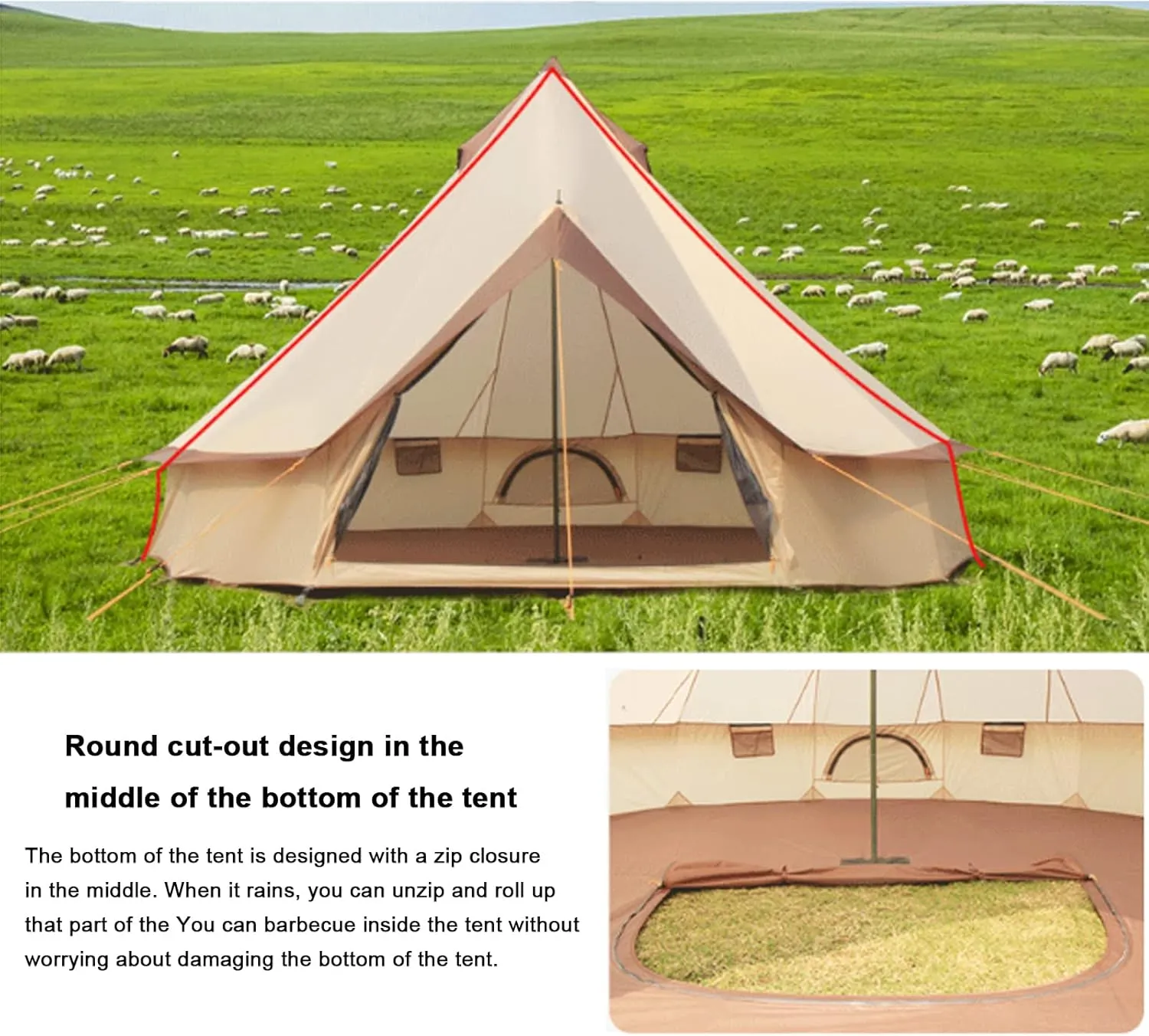 Camping Yurt Tent 4-Season Large Tents 4m Bell Tent 3-10 Persons Polyester Pyramid Tent Festivals and Human Shelter for Inhabiting or Leisure