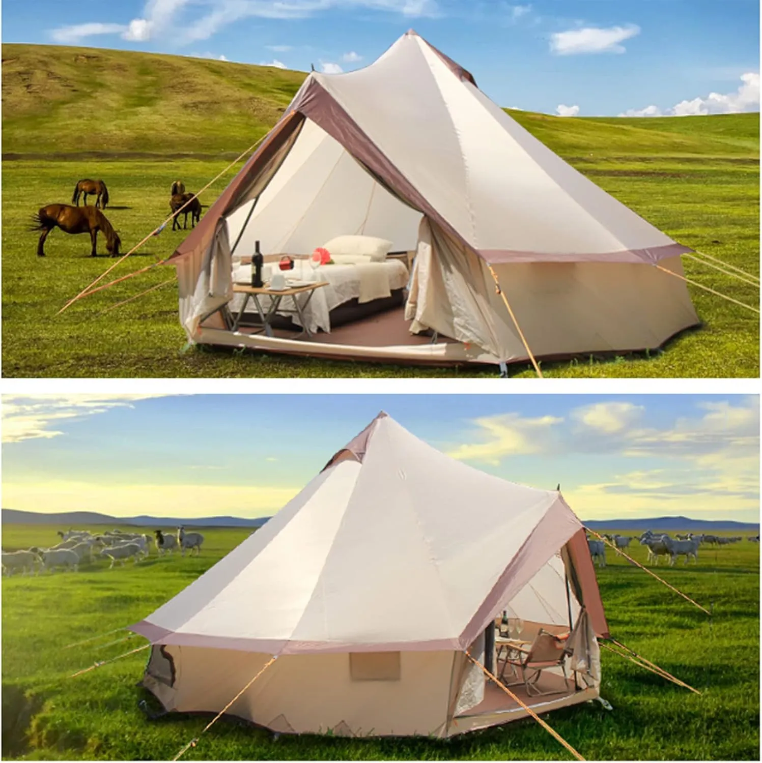 Camping Yurt Tent 4-Season Large Tents 4m Bell Tent 3-10 Persons Polyester Pyramid Tent Festivals and Human Shelter for Inhabiting or Leisure