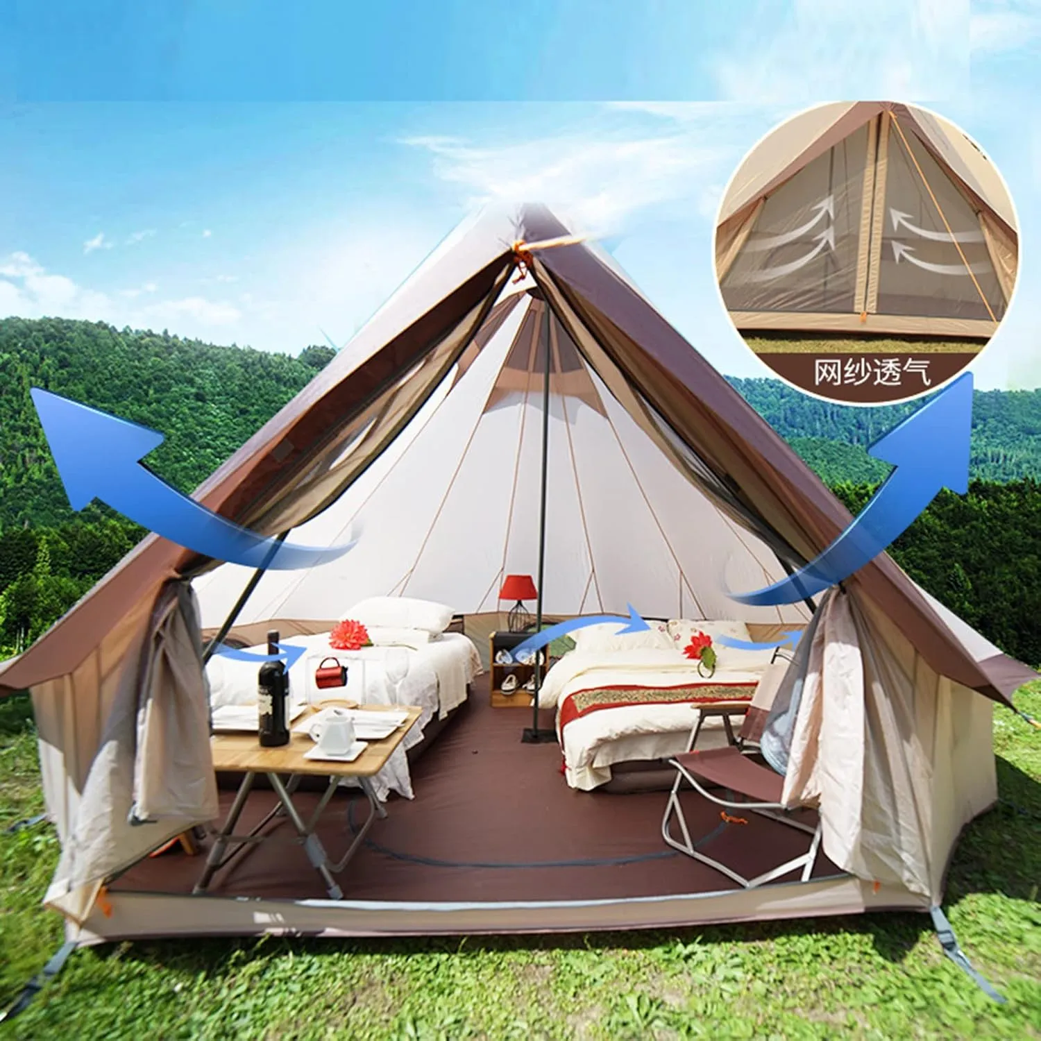 Camping Yurt Tent 4-Season Large Tents 4m Bell Tent 3-10 Persons Polyester Pyramid Tent Festivals and Human Shelter for Inhabiting or Leisure
