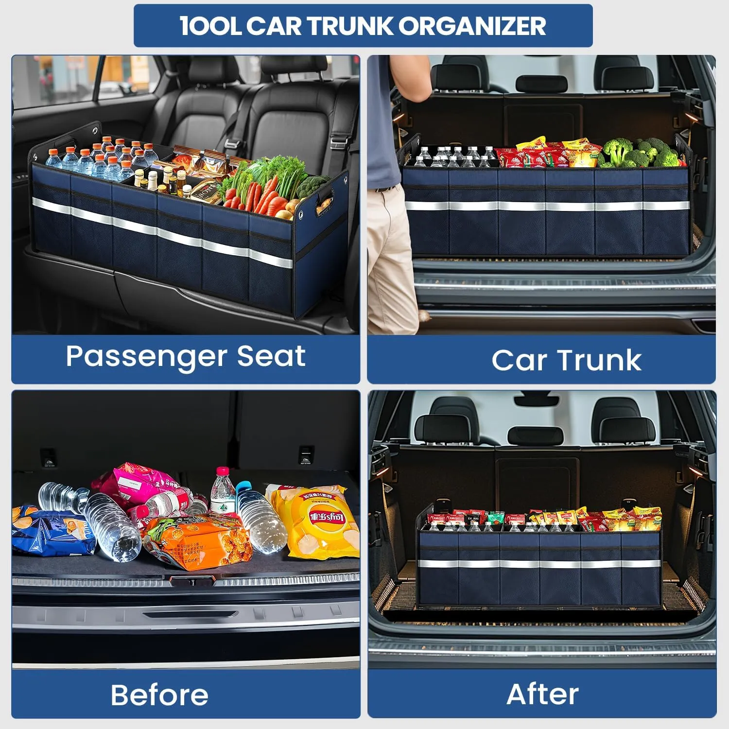 Car Trunk Organizer, Car Storage Organizer, Collapsible Multi Compartment for Car, Suv, Sedan, Truck, 100L, Extra Larger (Blue, 100L)