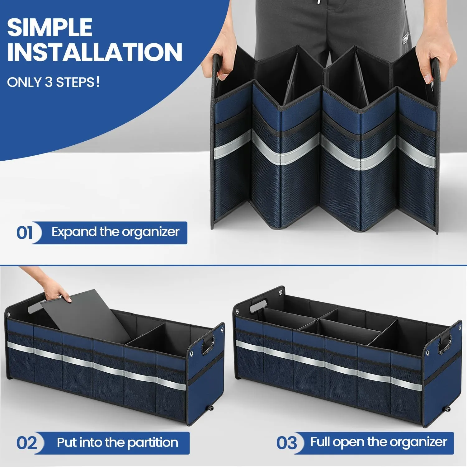 Car Trunk Organizer, Car Storage Organizer, Collapsible Multi Compartment for Car, Suv, Sedan, Truck, 100L, Extra Larger (Blue, 100L)
