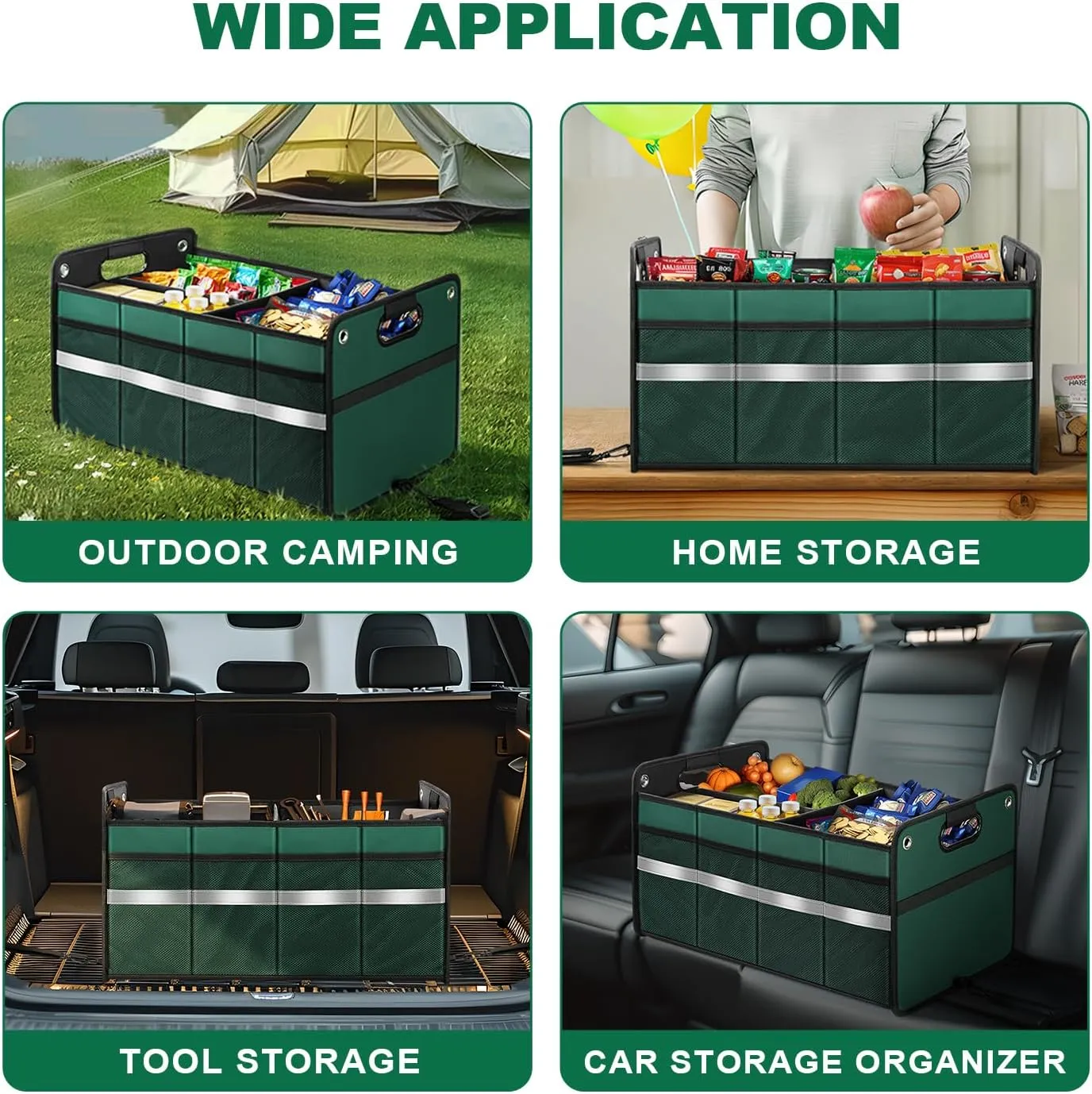 Car Trunk Organizer, Car Storage Organizer, Collapsible Multi Compartment for Car, Suv, Sedan, Truck, 100L, Extra Larger (Green, 78L)