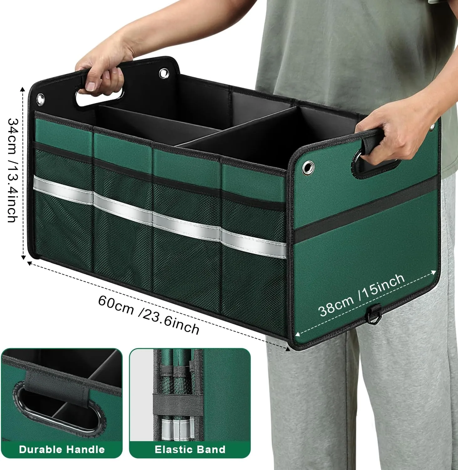 Car Trunk Organizer, Car Storage Organizer, Collapsible Multi Compartment for Car, Suv, Sedan, Truck, 100L, Extra Larger (Green, 78L)