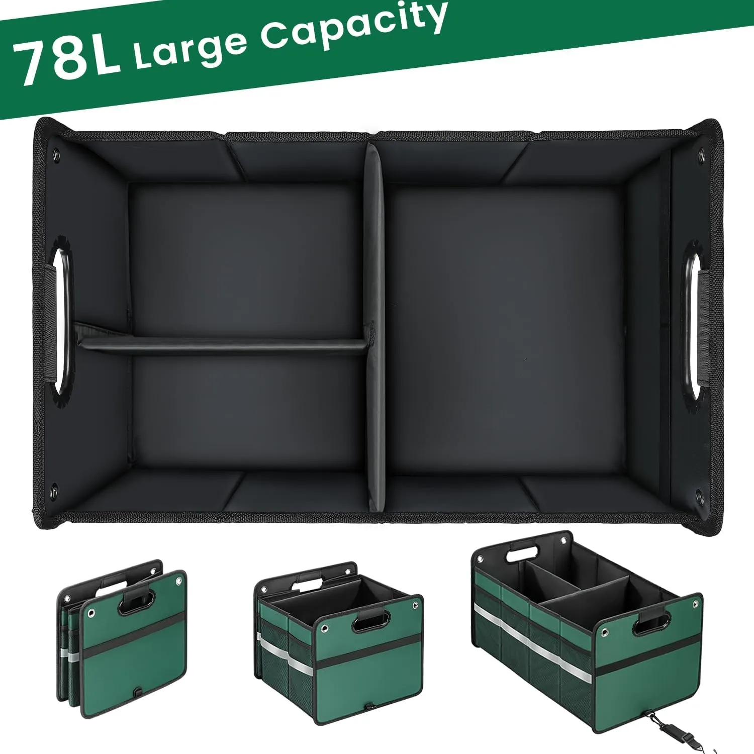 Car Trunk Organizer, Car Storage Organizer, Collapsible Multi Compartment for Car, Suv, Sedan, Truck, 100L, Extra Larger (Green, 78L)