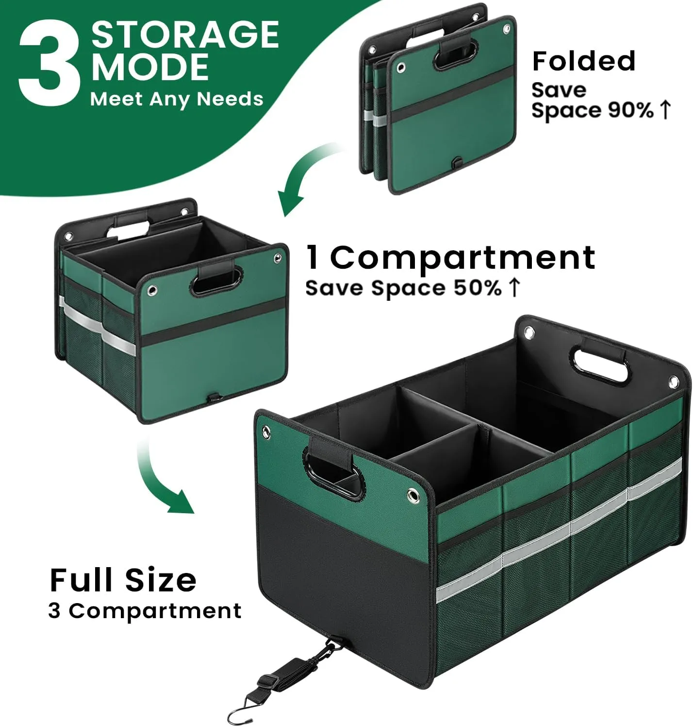 Car Trunk Organizer, Car Storage Organizer, Collapsible Multi Compartment for Car, Suv, Sedan, Truck, 100L, Extra Larger (Green, 78L)