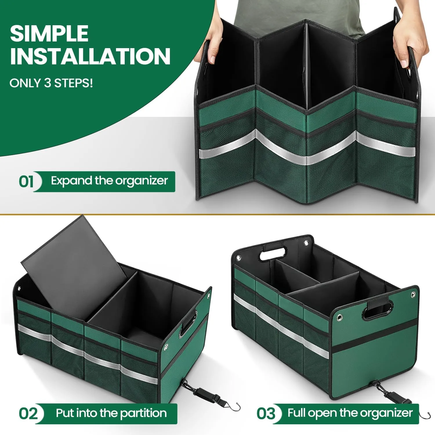Car Trunk Organizer, Car Storage Organizer, Collapsible Multi Compartment for Car, Suv, Sedan, Truck, 100L, Extra Larger (Green, 78L)