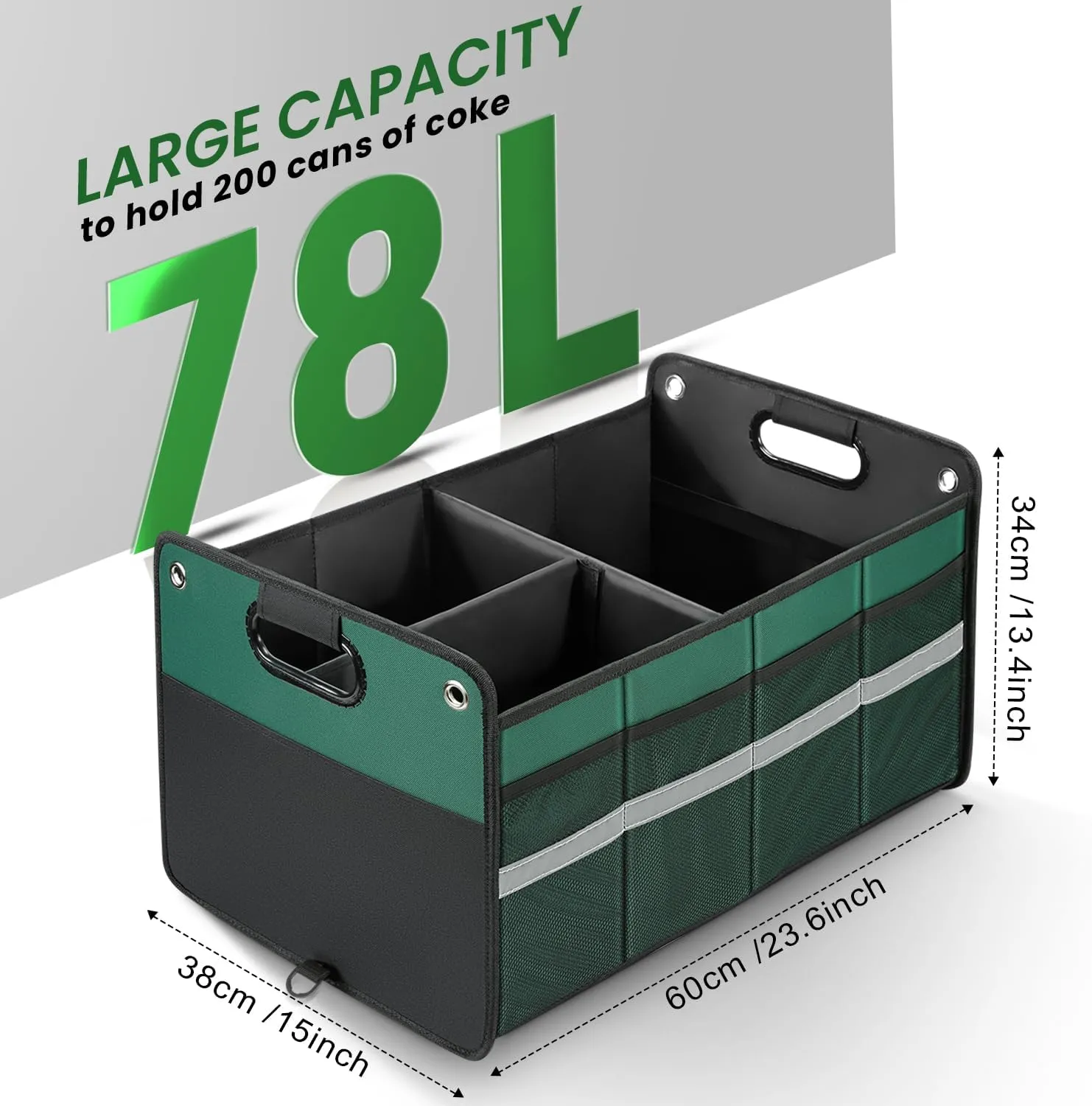 Car Trunk Organizer, Car Storage Organizer, Collapsible Multi Compartment for Car, Suv, Sedan, Truck, 100L, Extra Larger (Green, 78L)