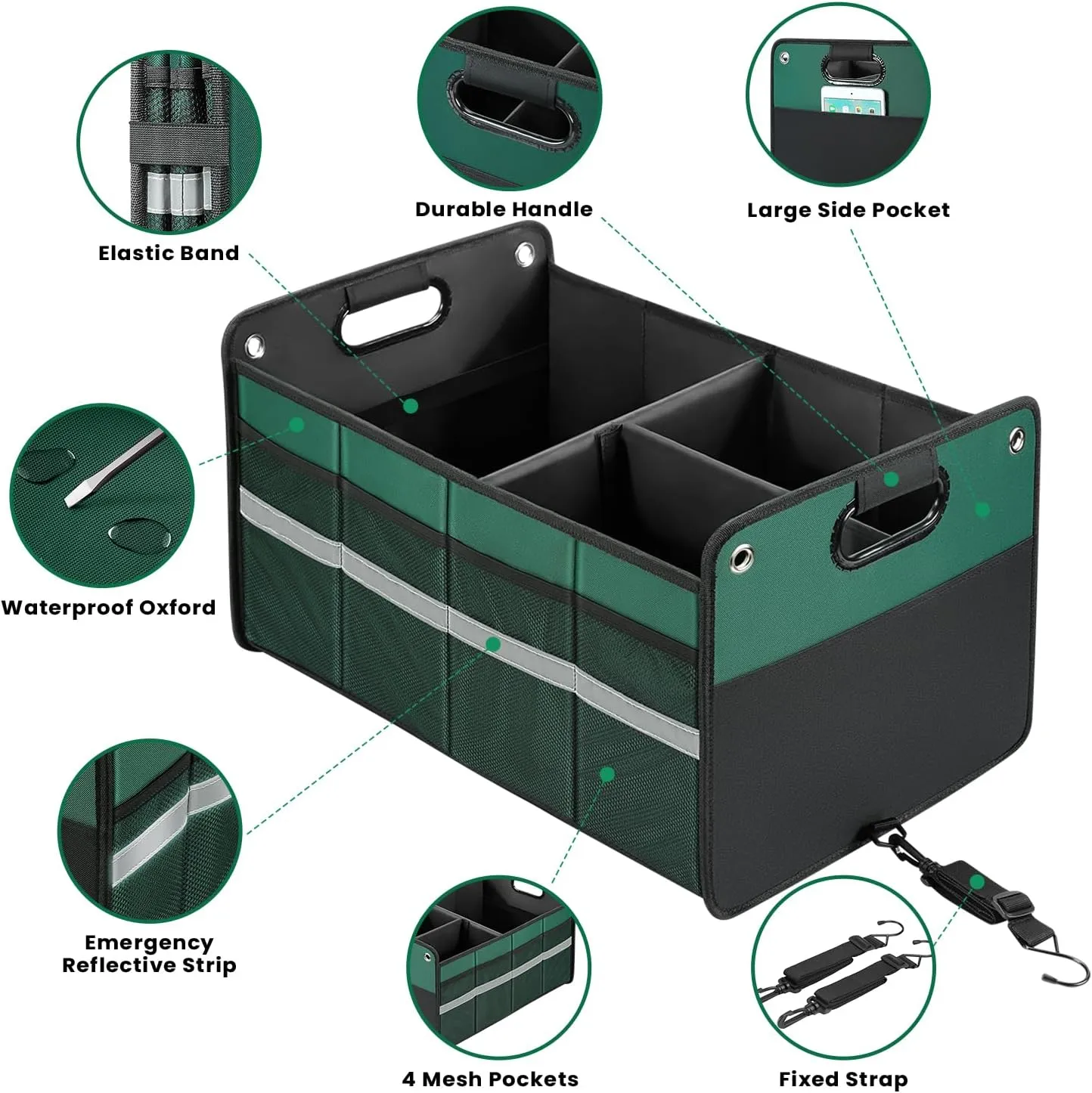Car Trunk Organizer, Car Storage Organizer, Collapsible Multi Compartment for Car, Suv, Sedan, Truck, 100L, Extra Larger (Green, 78L)