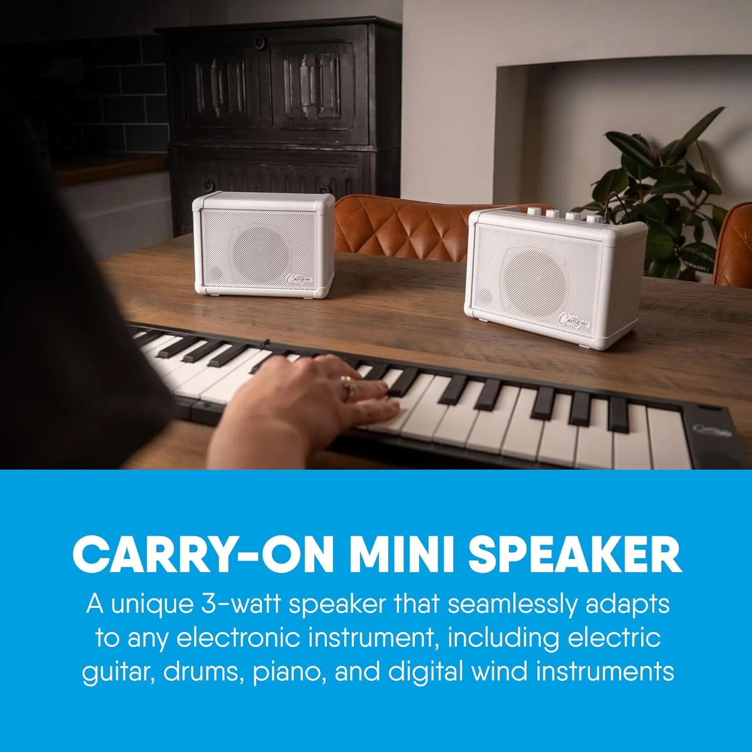 Carry-on Mini Speaker - Amplifier for Electronic Guitars and Drums, Keyboards, Digital Wind Instruments and Microphones - Portable Speaker with Dual Input Channels & Expandable Stereo Option
