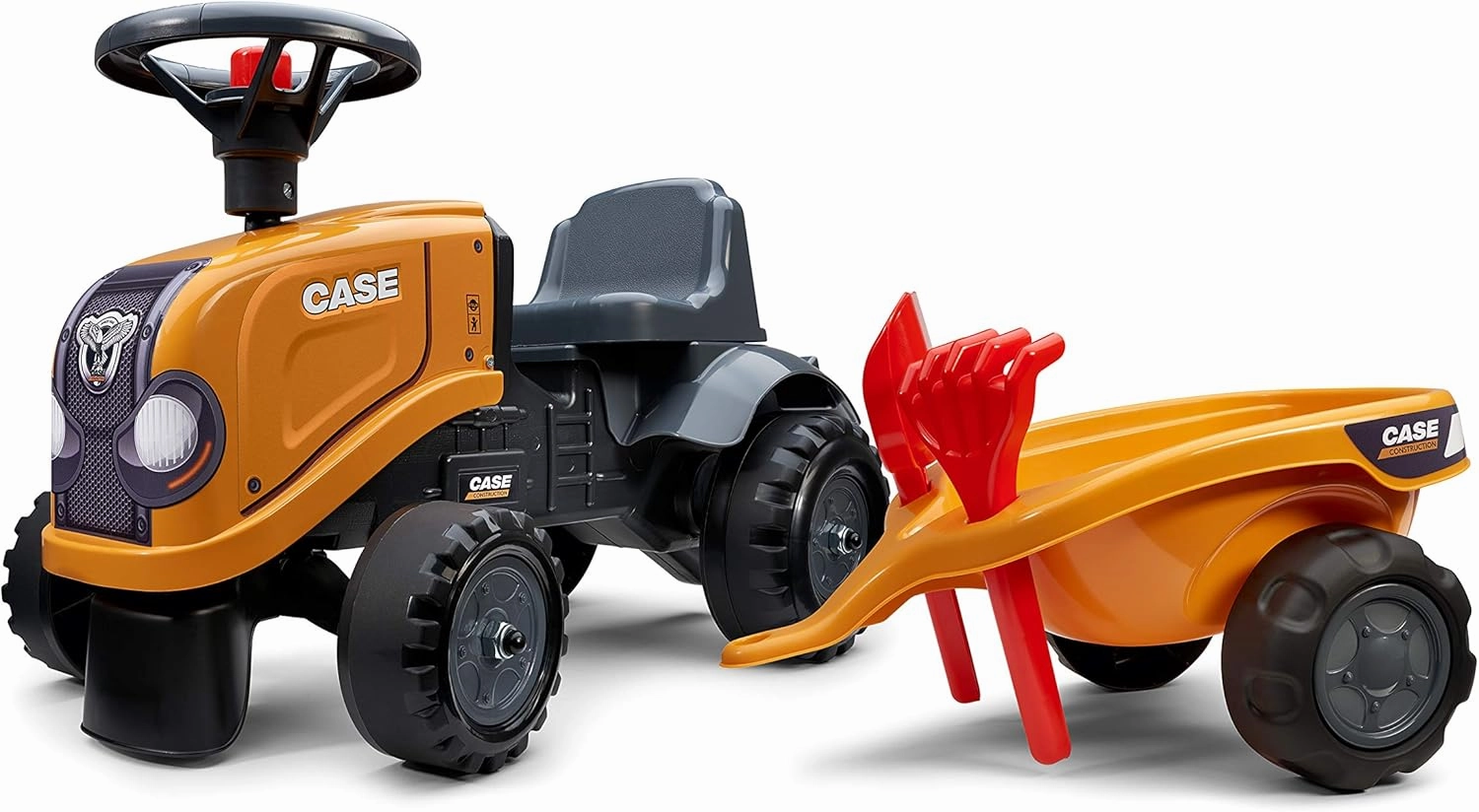 Case CE Tractor with Trailer, Rake and Shovel, Rake and Shovel, 2 Sets of Stickers, Push Ride-On Toy for Toddlers  1 Year FA297C