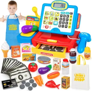 Cash Register Toy for Kids with Real Calculator, Cashier Register with Scanner/Weighter/Credit Card/ Play Money/ Food/Microphone, Pretend Play Store with Apron and Shopping Bag for Kids 3 4 5 6 7